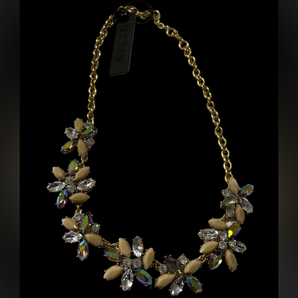 Gorgeous New J.Crew Gold Tone Clear Rhinestone Flower Statement Necklace.